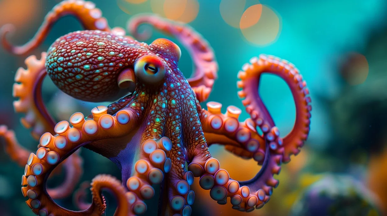 Colorful giant octopus underwater