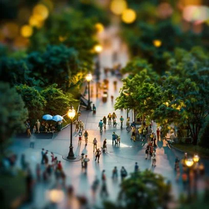 Toy people walking in miniature town