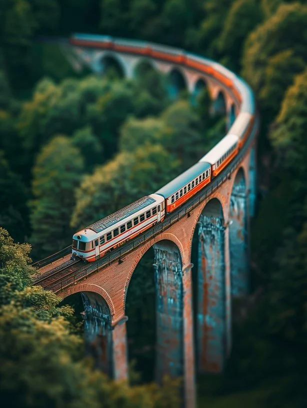 Miniature train on bridge, aerial view