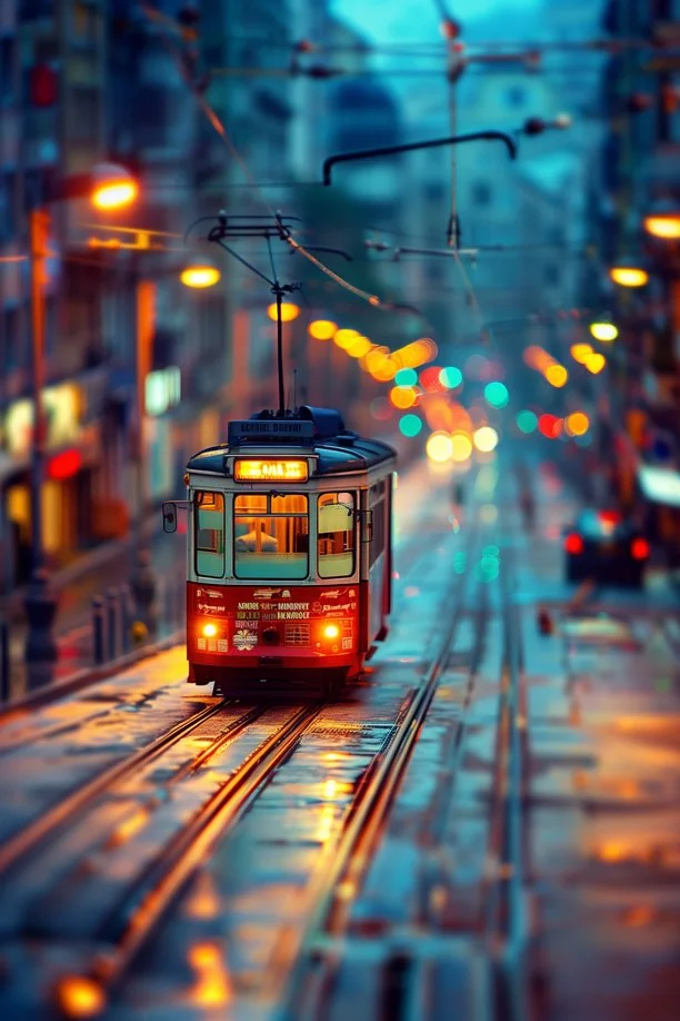 Miniature street tram in city
