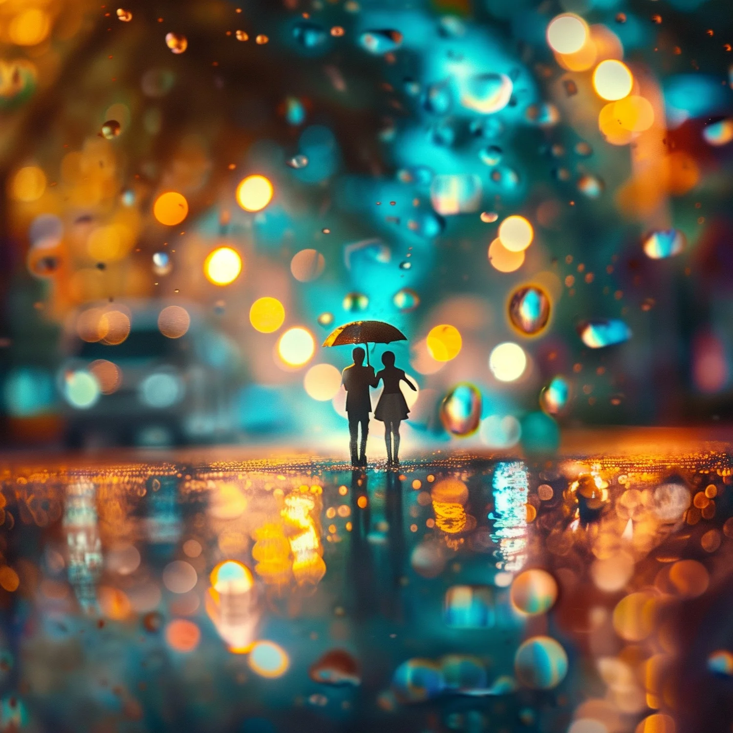Toy people in rainy city park