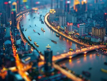 River in busy city at dusk
