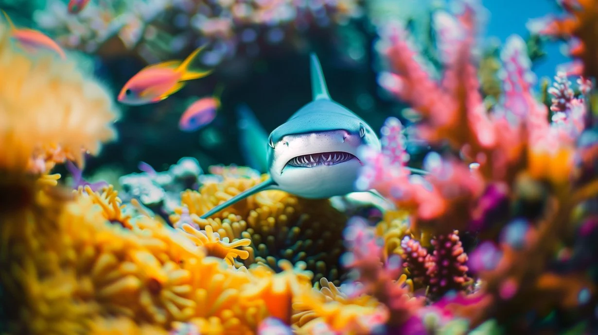 Shark peeking out from behind rocks