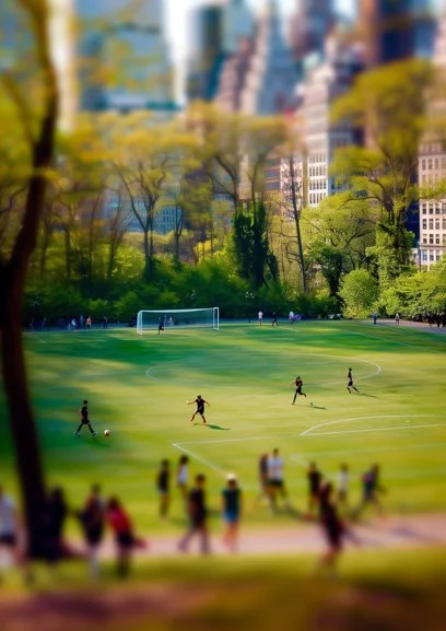 Eight people playing soccer, miniature scene