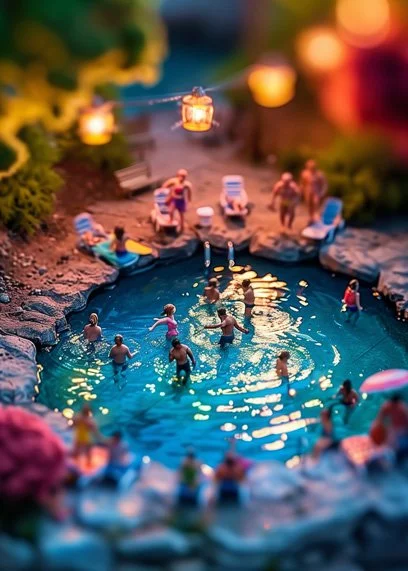 Miniature toy pool party at dusk
