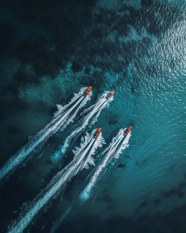Racing jet skis, aerial view