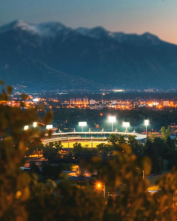 Sports stadium at dusk