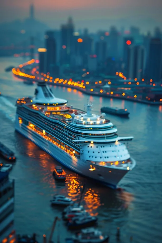 Cruise ship at dusk, city in background