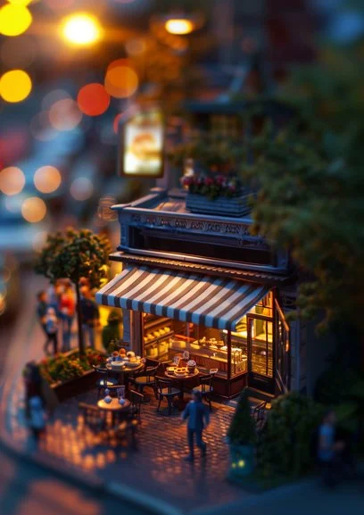 Miniature toy café at dusk