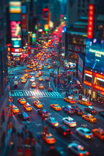 Tilt-shift busy city intersection at dusk