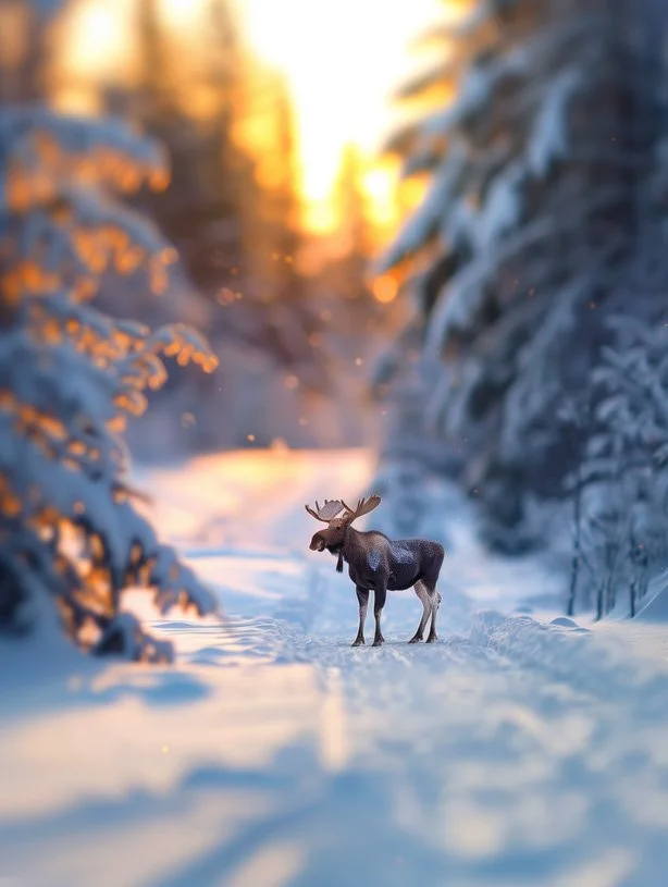 Moose in snow at dusk