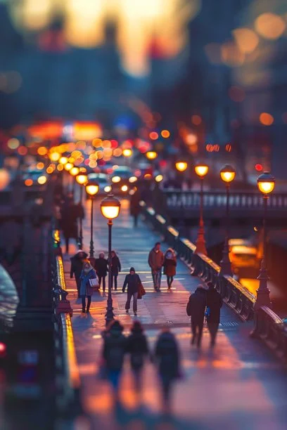 Tilt-shift people walking over bridge