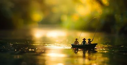 Toy people fishing on a river