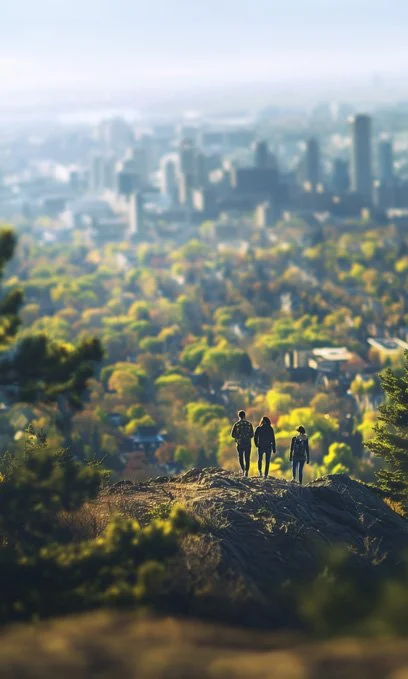 Two people hiking on hill above city
