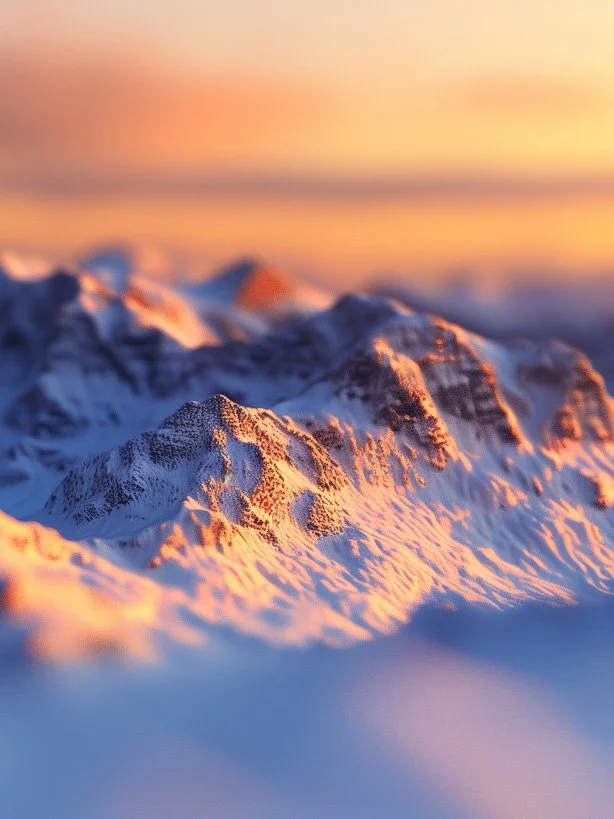 Snowy mountain range at dusk