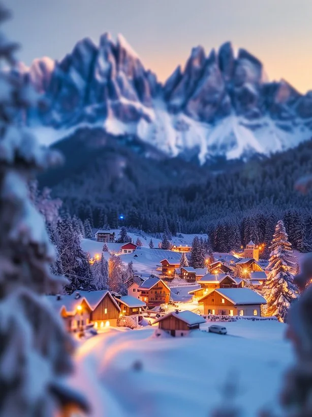 Miniature village in winter mountains