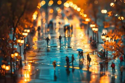 Toy people in rainy city